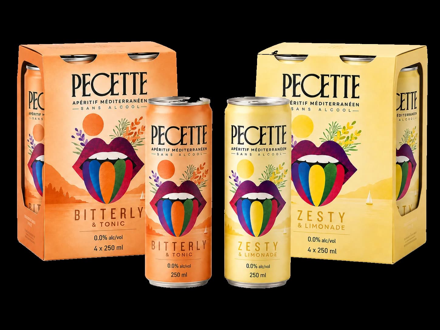 Canettes et 4 packs PECETTE Bitterly & Tonic et Zesty & Limonade, 250 ml, sans alcool